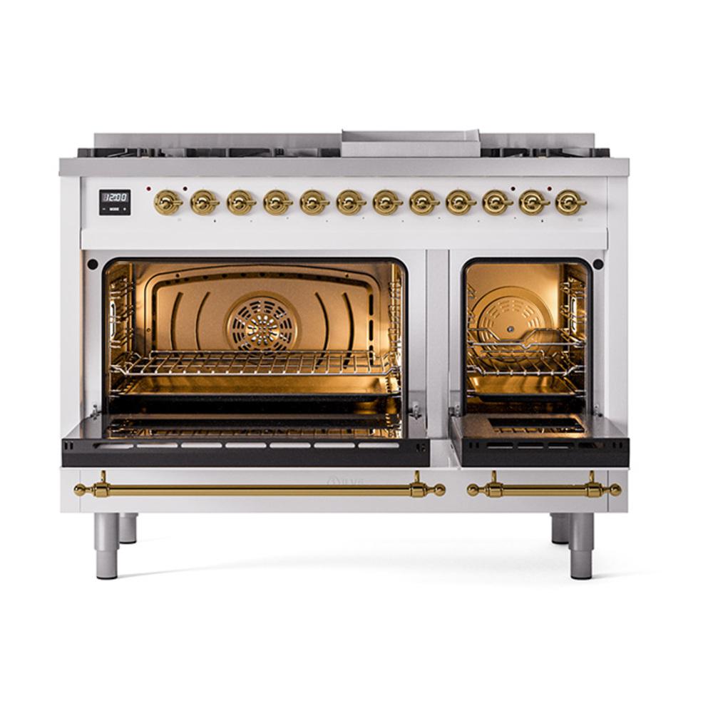 Ilve UN48FNMPWHG Ilve Un48Fnmpwhg Nostalgie Ii Noblesse 48" Dual Fuel Range (8 Sealed Burners + Griddle, Natural Gas, Triple Glass Door, White, Brass)