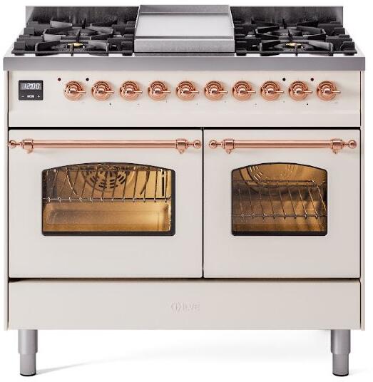 Ilve UPD40FNMPAWPLP Nostalgie Ii 40 Inch Dual Fuel Liquid Propane Freestanding Range In Antique White With Copper Trim