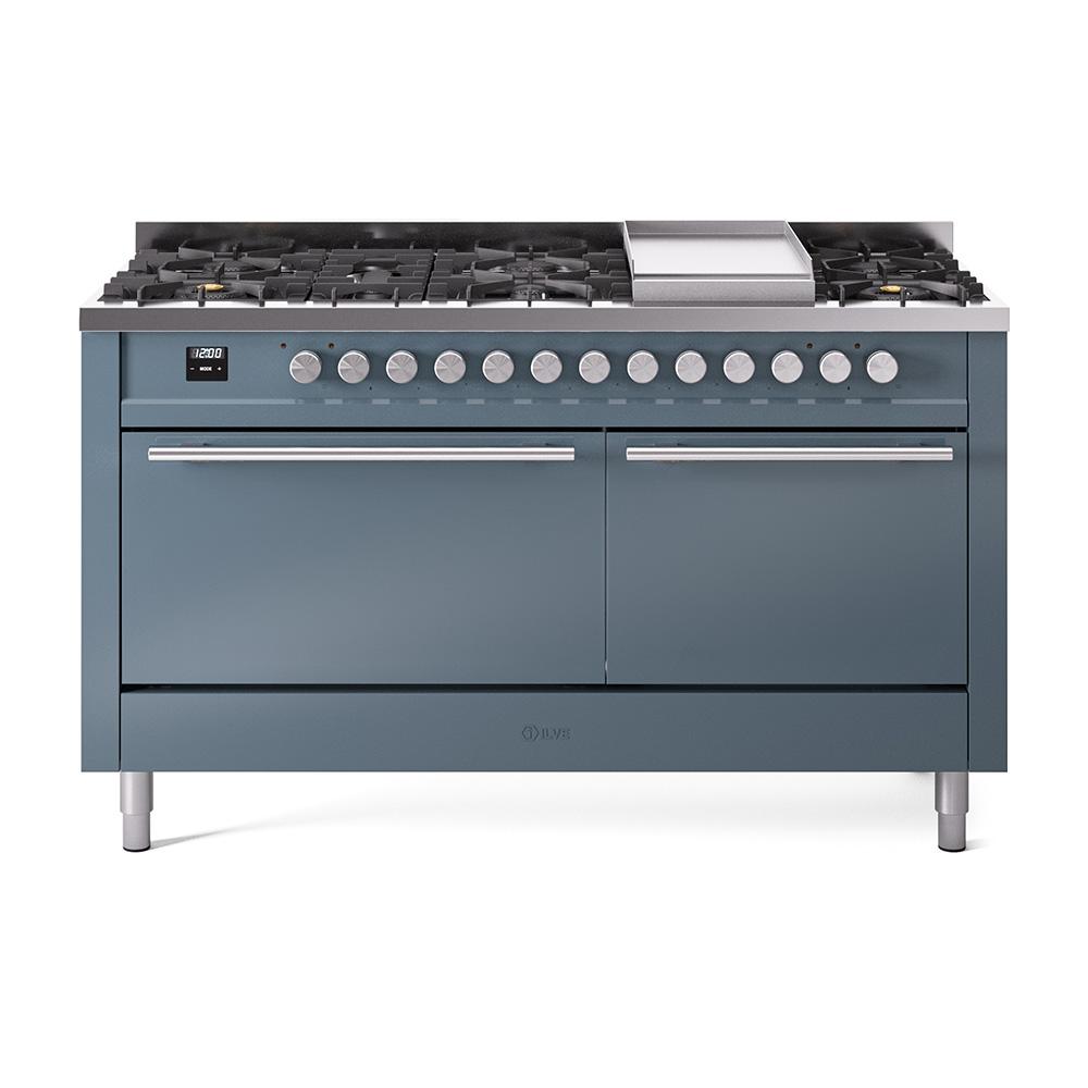 Ilve UP60FQMPBG Ilve Professional Plus Ii 60 Up60Fqmpbg Freestanding Dual Fuel Range With 9 Sealed Burners Double Oven With Solid Door In Blue Grey With Stainless Steel Knobs