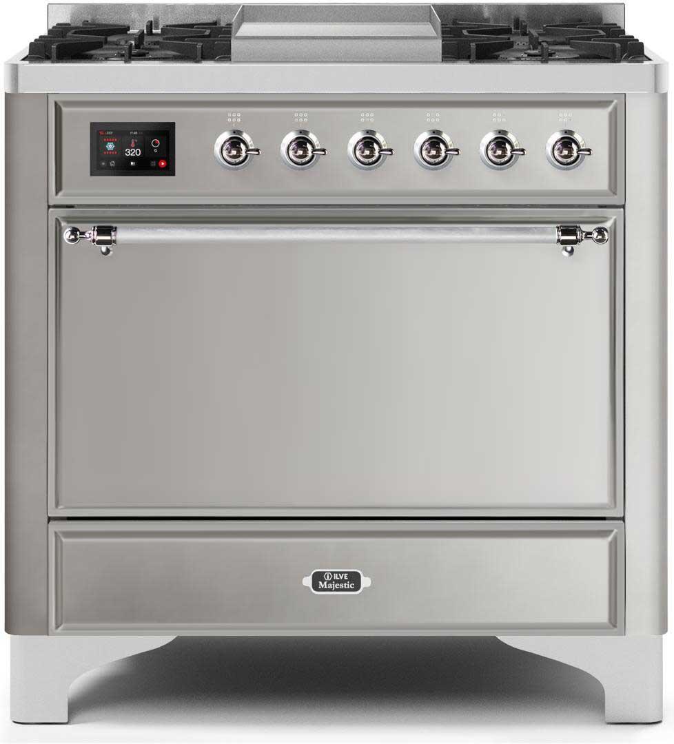 Ilve UM09FDQNS3SSC Majestic Ii 36 Inch Dual Fuel Natural Gas Freestanding Range In Stainless Steel With Chrome Trim