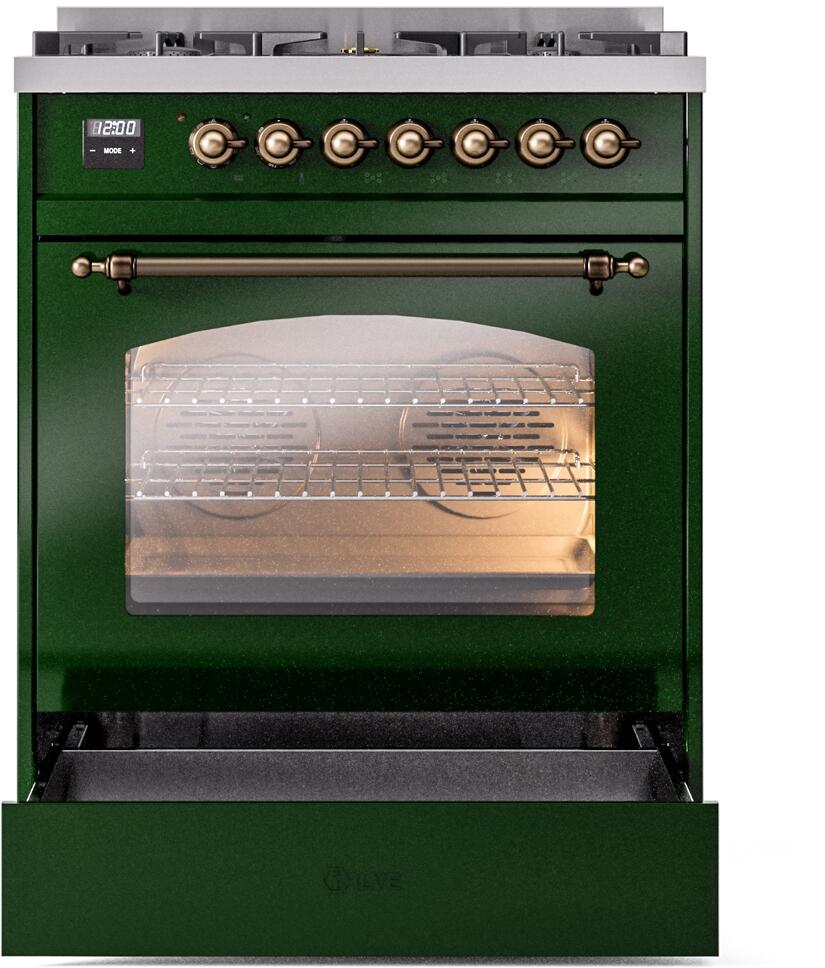 Ilve UP30NMPEGB Nostalgie Ii 30 Inch Dual Fuel Natural Gas Freestanding Range In Emerald Green With Bronze Trim