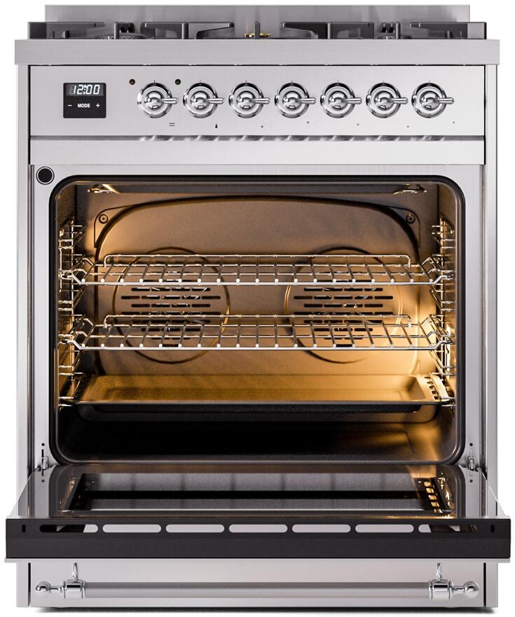 Ilve UP30NMPSSC Nostalgie Ii 30 Inch Dual Fuel Natural Gas Freestanding Range In Stainless Steel With Chrome Trim