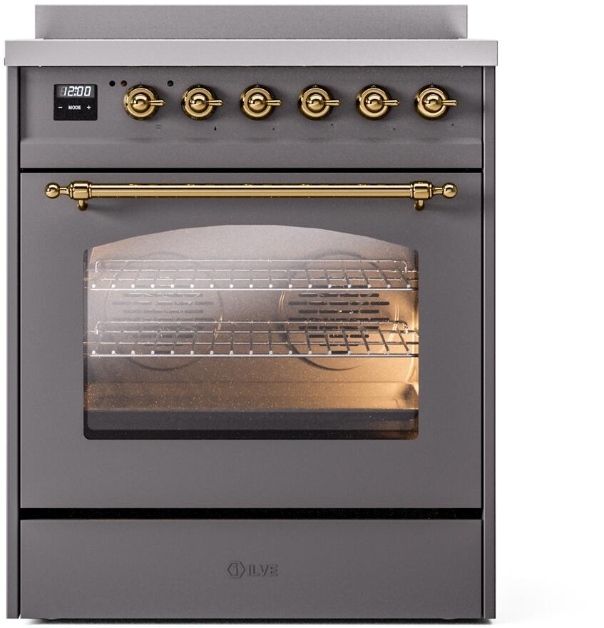 Ilve UPI304NMPMGG Nostalgie Ii 30 Inch Electric Freestanding Range In Matte Graphite With Brass Trim