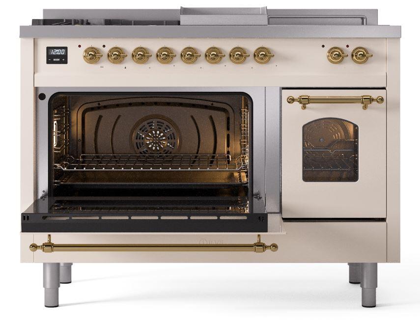 Ilve UP48FSNMPAWG Nostalgie Ii 48 Inch Dual Fuel Natural Gas Freestanding Range In Antique White With Brass Trim