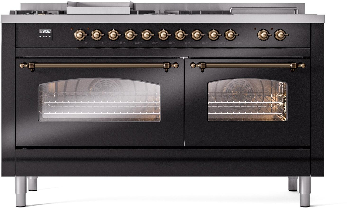 Ilve UP60FSNMPBKBLP Nostalgie Ii 60 Inch Dual Fuel Liquid Propane Freestanding Range In Glossy Black With Bronze Trim