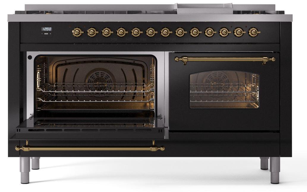 Ilve UP60FNMPBKGLP Nostalgie Ii 60 Inch Dual Fuel Liquid Propane Freestanding Range In Glossy Black With Brass Trim