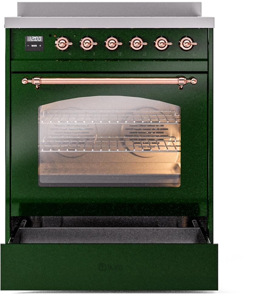 Ilve UPI304NMPEGP Nostalgie Ii 30 Inch Electric Freestanding Range In Emerald Green With Copper Trim