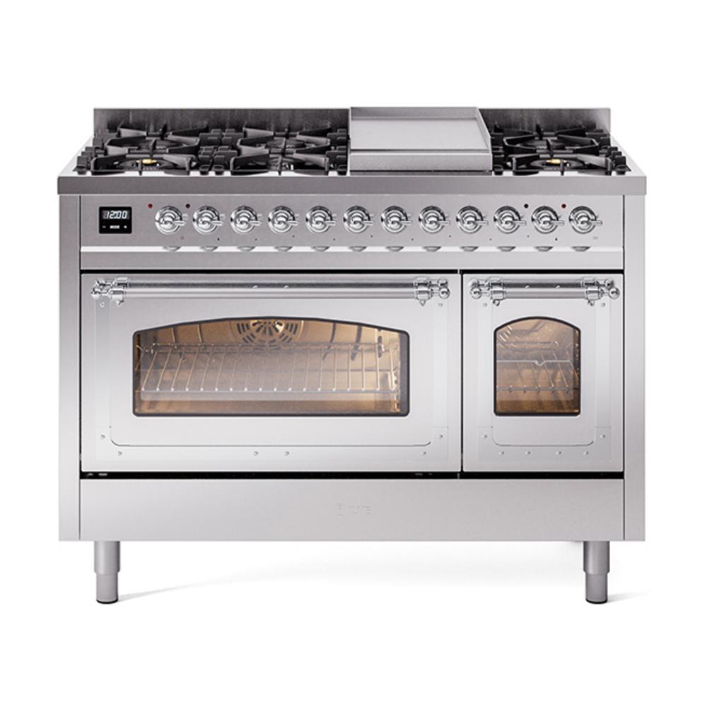 Ilve UN48FNMPSSCLP Ilve Un48Fnmpssclp Nostalgie Ii Noblesse 48" Dual Fuel Range (8 Sealed Burners + Griddle, Liquid Propane, Triple Glass Door, Stainless Steel, Chrome)