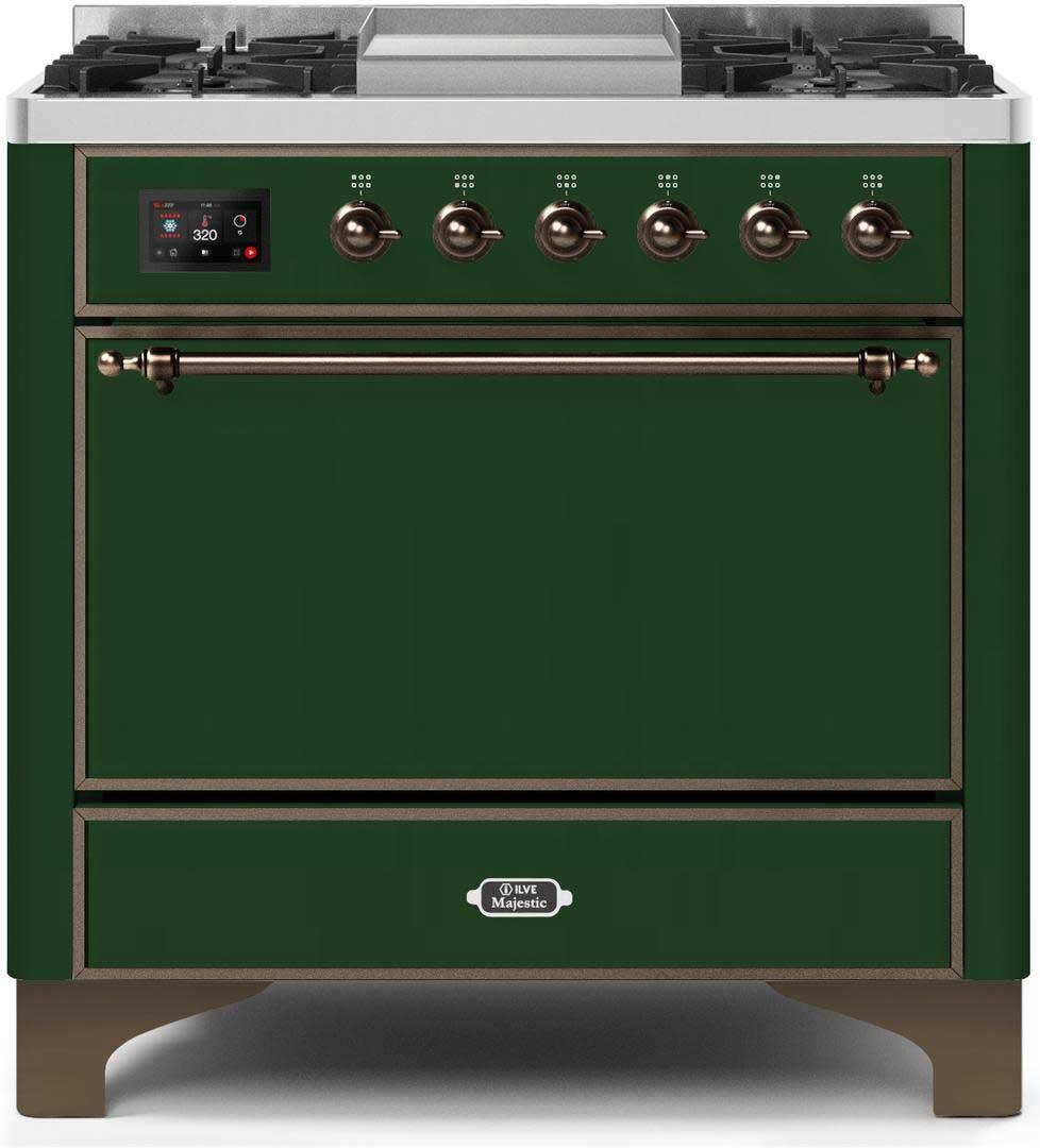 Ilve UM09FDQNS3EGB Majestic Ii 36 Inch Dual Fuel Natural Gas Freestanding Range In Emerald Green With Bronze Trim