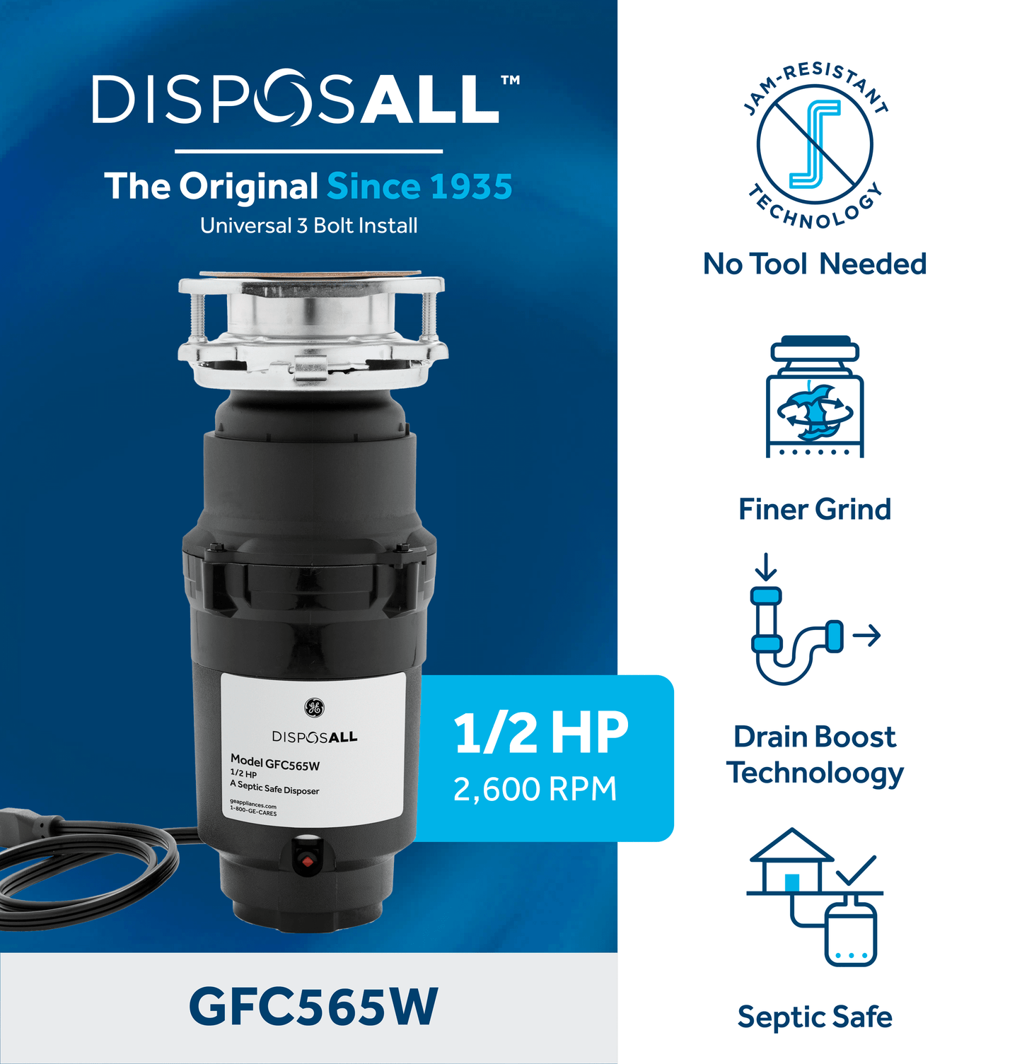 Ge Appliances GFC565W Ge Disposall® 1/2 Hp Continuous Feed Garbage Disposer Corded