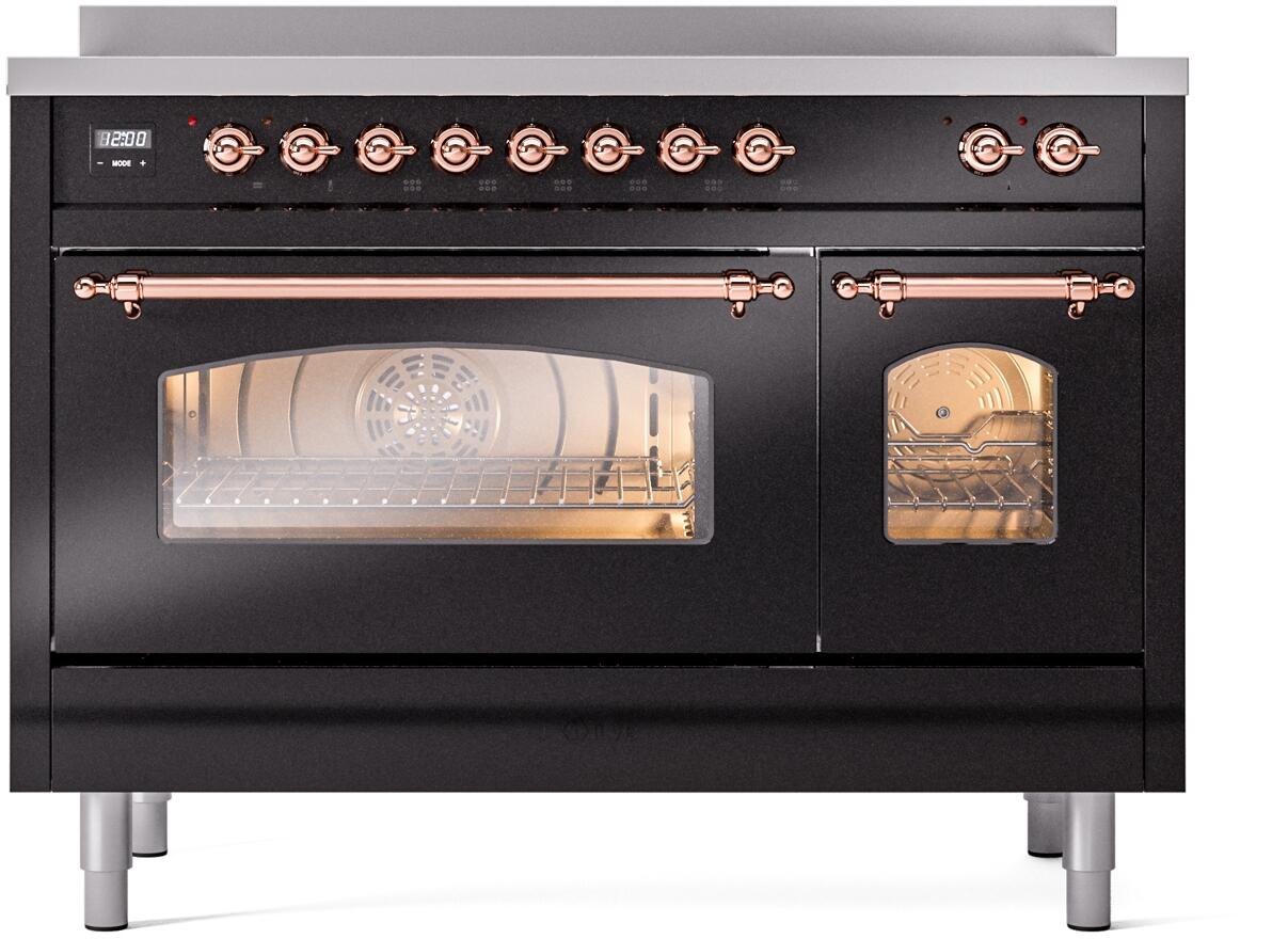 Ilve UPI486NMPBKP Nostalgie Ii 48 Inch Electric Freestanding Range In Glossy Black With Copper Trim