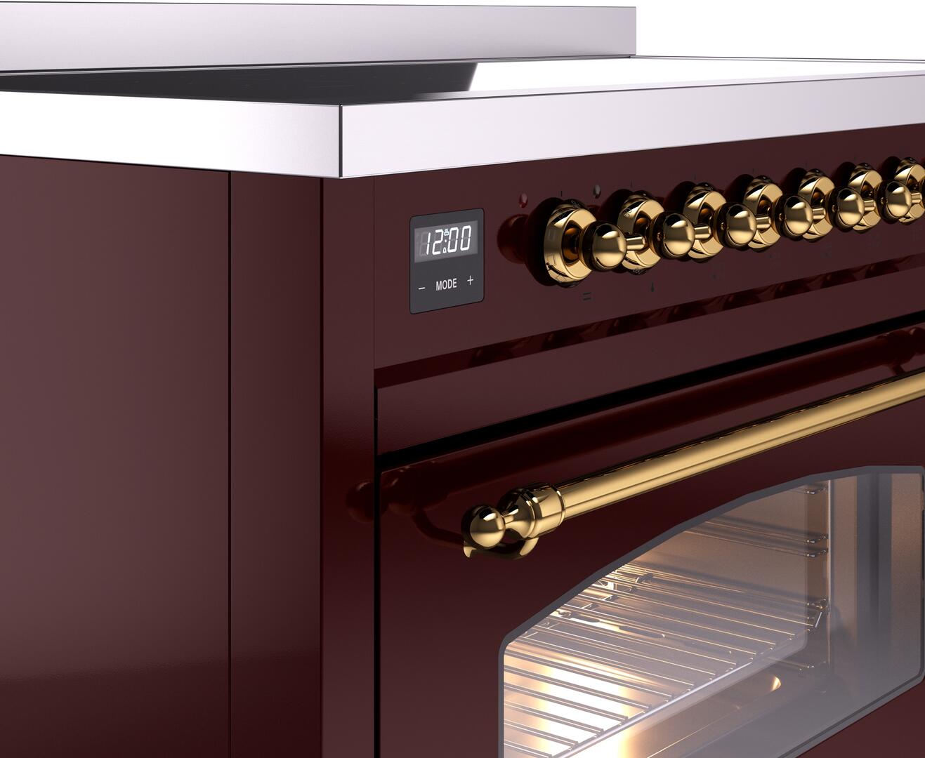 Ilve UPI486NMPBUG Nostalgie Ii 48 Inch Electric Freestanding Range In Burgundy With Brass Trim