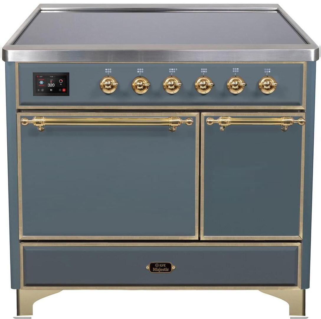 Ilve UMDI10QNS3BGG Majestic Ii 40 Inch Electric Freestanding Range In Blue Grey With Brass Trim