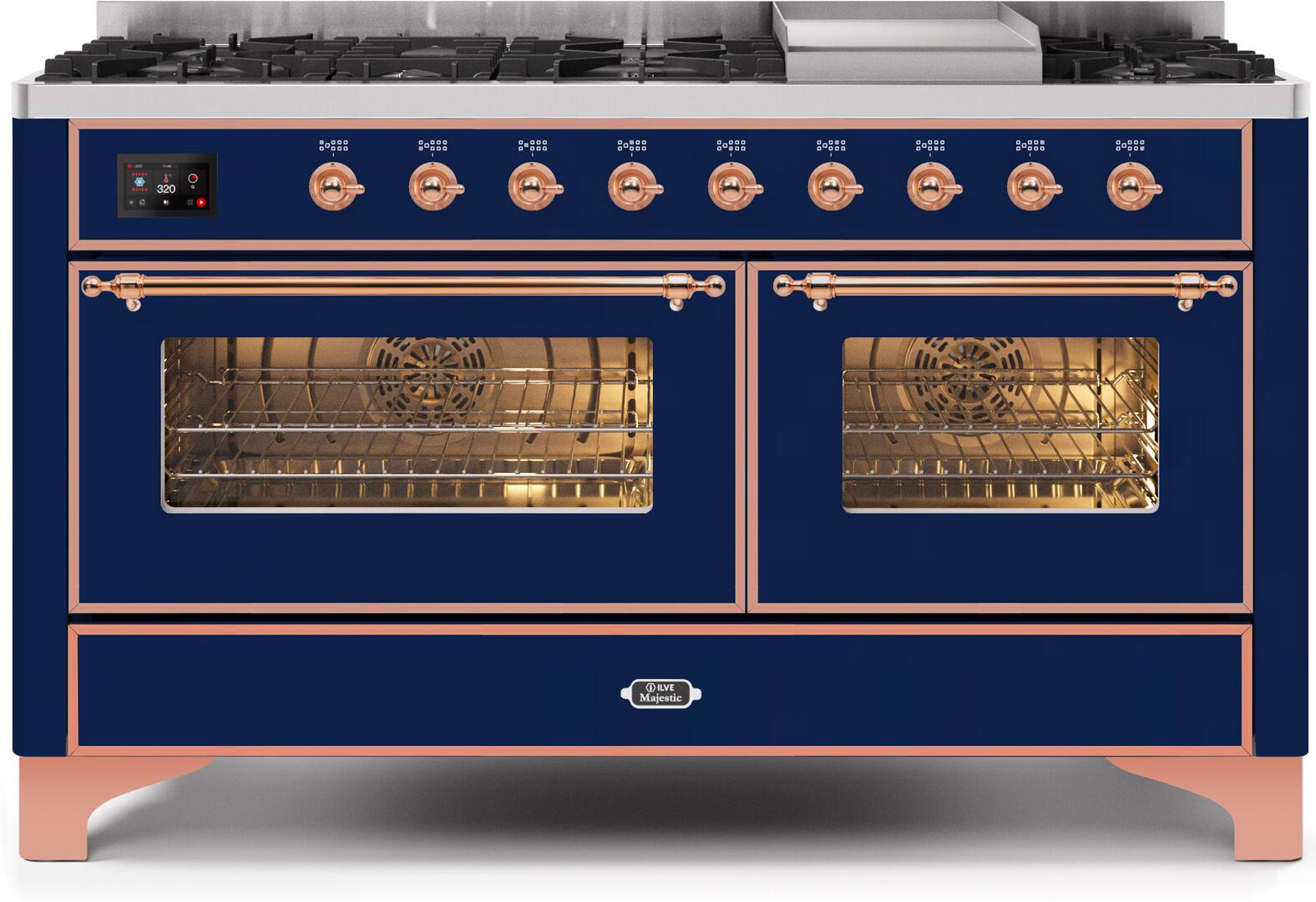 Ilve UM15FDNS3MBPLP Majestic Ii 60 Inch Dual Fuel Liquid Propane Freestanding Range In Blue With Copper Trim