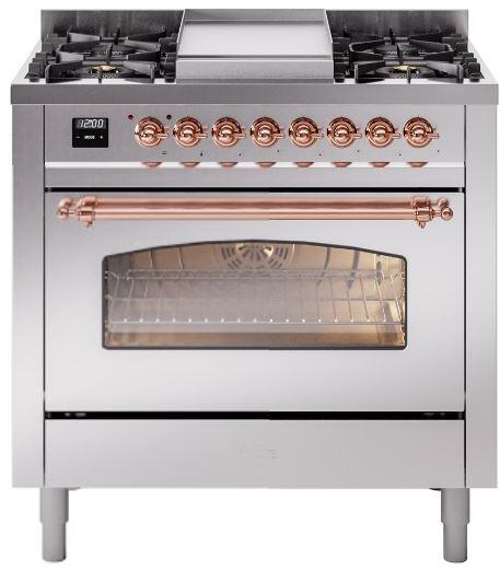 Ilve UP36FNMPSSPLP Nostalgie Ii 36 Inch Dual Fuel Liquid Propane Freestanding Range In Stainless Steel With Copper Trim