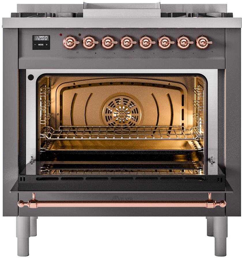 Ilve UP36FNMPMGPLP Nostalgie Ii 36 Inch Dual Fuel Liquid Propane Freestanding Range In Matte Graphite With Copper Trim