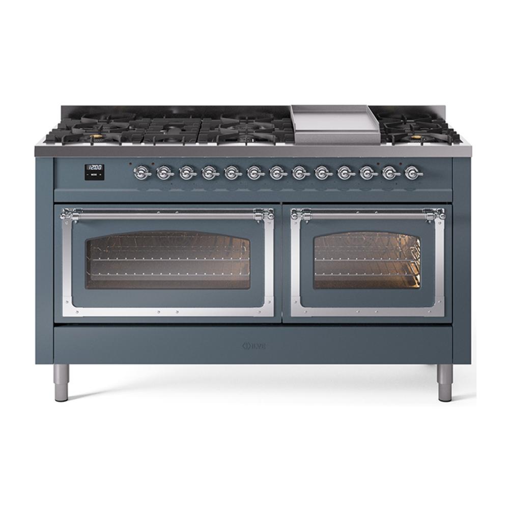 Ilve UN60FNMPBGC Ilve Un60Fnmpbgc Nostalgie Ii Noblesse 60" Dual Fuel Range (9 Sealed Burners + Griddle, Natural Gas, Triple Glass Door, Blue Grey, Chrome)