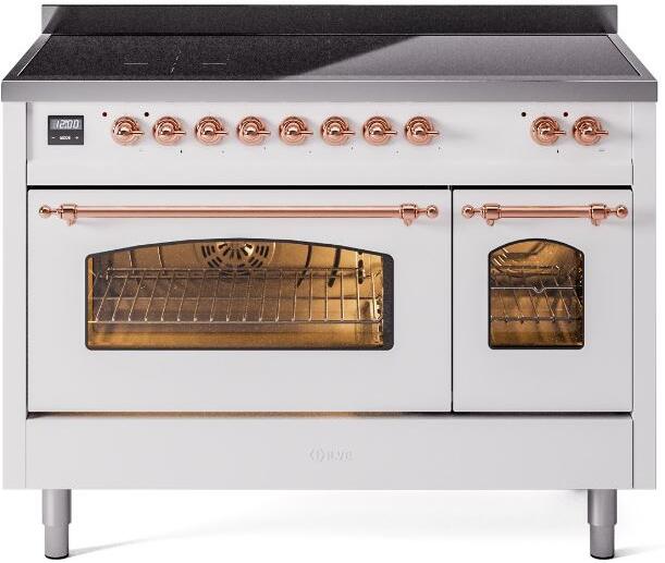 Ilve UPI486NMPWHP Nostalgie Ii 48 Inch Electric Freestanding Range In White With Copper Trim