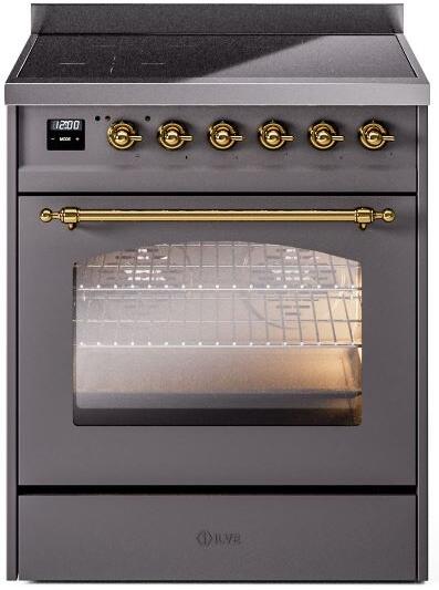 Ilve UPI304NMPMGG Nostalgie Ii 30 Inch Electric Freestanding Range In Matte Graphite With Brass Trim