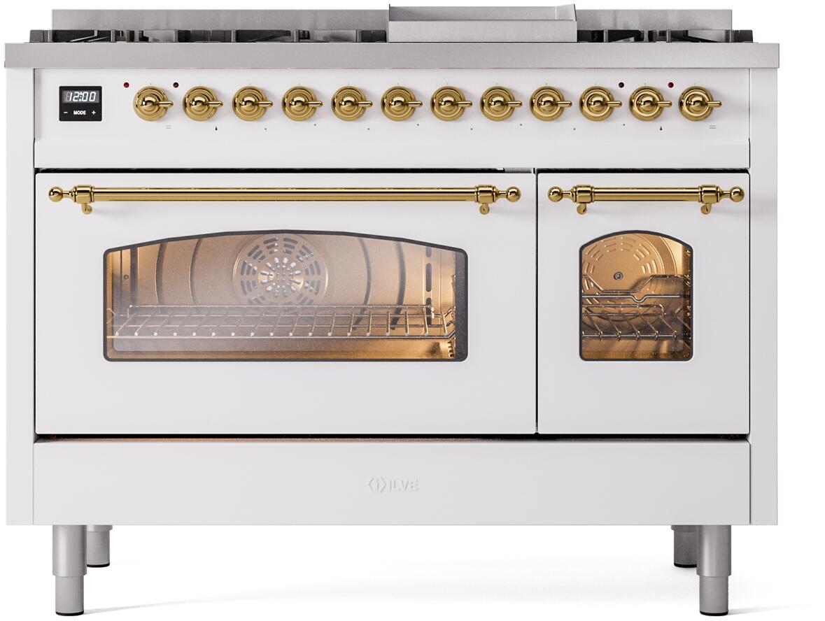 Ilve UP48FNMPWHGLP Nostalgie Ii 48 Inch Dual Fuel Liquid Propane Freestanding Range In White With Brass Trim