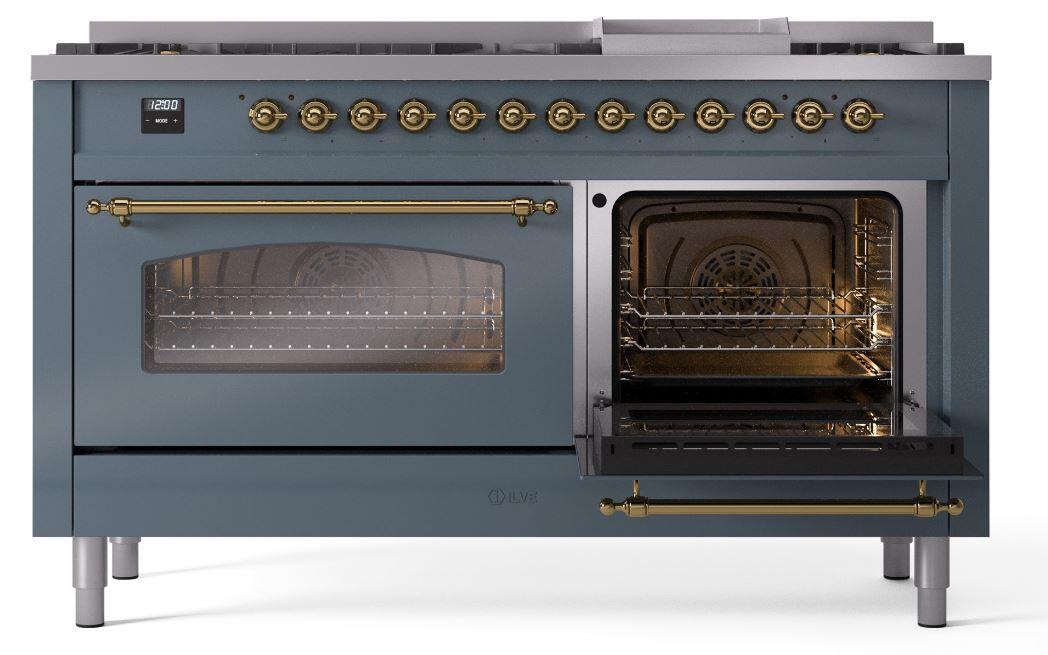 Ilve UP60FNMPBGG Nostalgie Ii 60 Inch Dual Fuel Natural Gas Freestanding Range In Blue Grey With Brass Trim