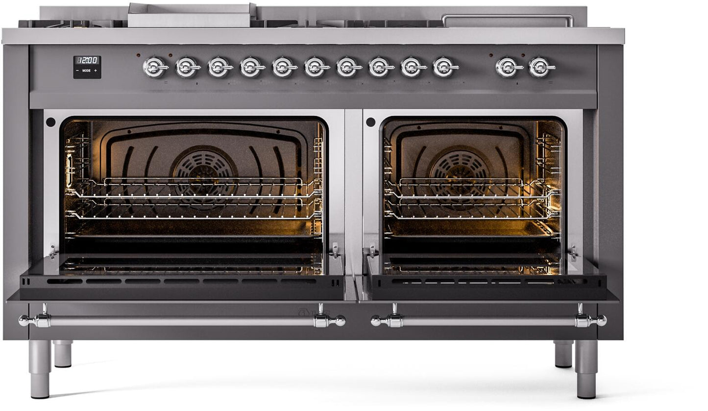 Ilve UP60FSNMPMGC Nostalgie Ii 60 Inch Dual Fuel Natural Gas Freestanding Range In Matte Graphite With Chrome Trim