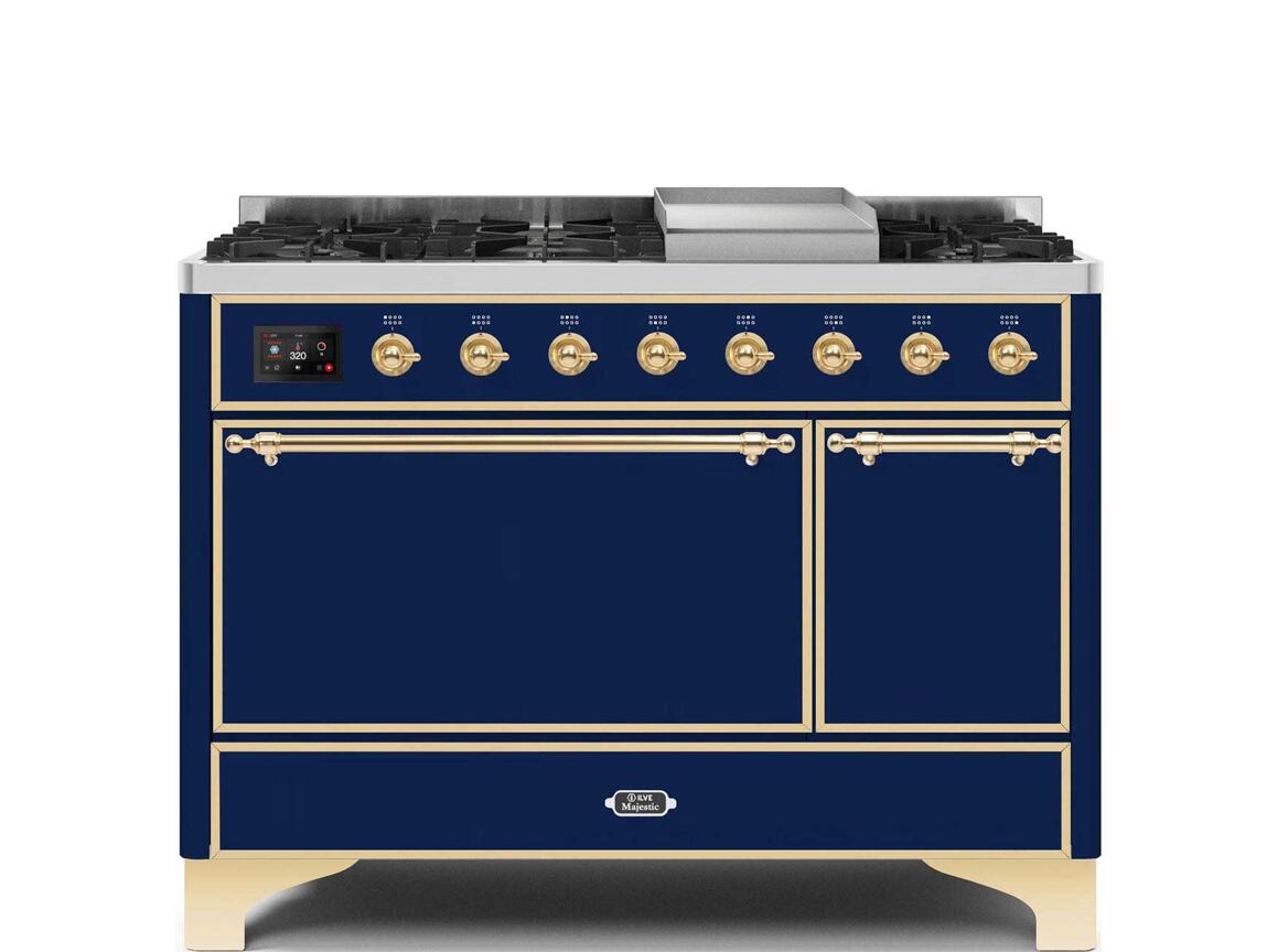 Ilve UM12FDQNS3MBG Majestic Ii 48 Inch Dual Fuel Natural Gas Freestanding Range In Blue With Brass Trim