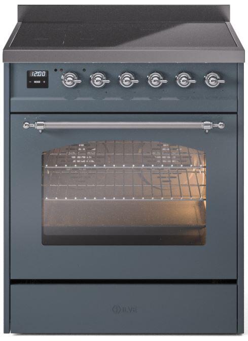 Ilve UPI304NMPBGC Nostalgie Ii 30 Inch Electric Freestanding Range In Blue Grey With Chrome Trim