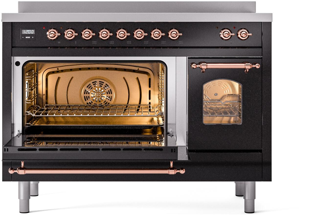 Ilve UPI486NMPBKP Nostalgie Ii 48 Inch Electric Freestanding Range In Glossy Black With Copper Trim