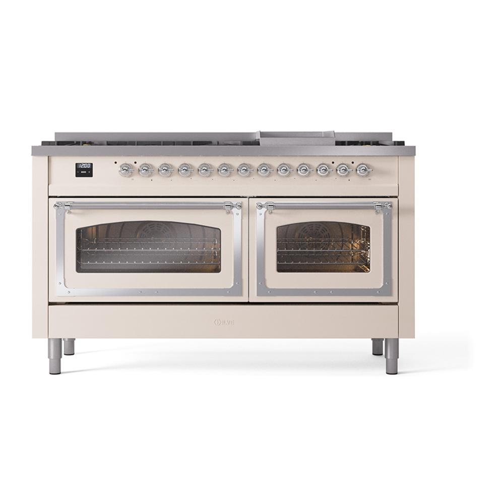 Ilve UN60FNMPAWC Ilve Un60Fnmpawc Nostalgie Ii Noblesse 60" Dual Fuel Range (9 Sealed Burners + Griddle, Natural Gas, Triple Glass Door, Antique White, Chrome)