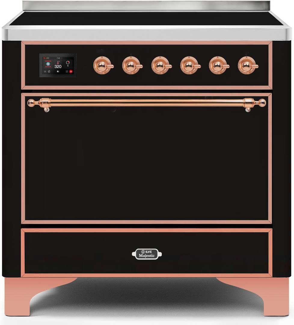 Ilve UMI09QNS3BKP Majestic Ii 36 Inch Electric Freestanding Range In Glossy Black With Copper Trim