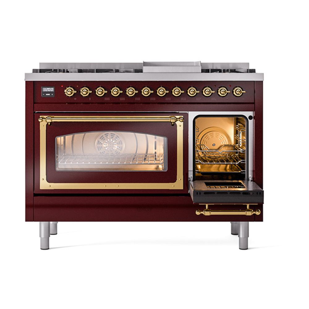 Ilve UN48FNMPBUG Ilve Un48Fnmpbug Nostalgie Ii Noblesse 48" Dual Fuel Range (8 Sealed Burners + Griddle, Natural Gas, Triple Glass Door, Burgundy, Brass)