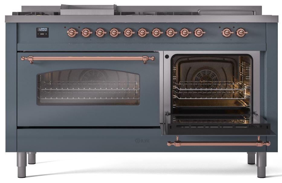 Ilve UP60FSNMPBGPLP Nostalgie Ii 60 Inch Dual Fuel Liquid Propane Freestanding Range In Blue Grey With Copper Trim