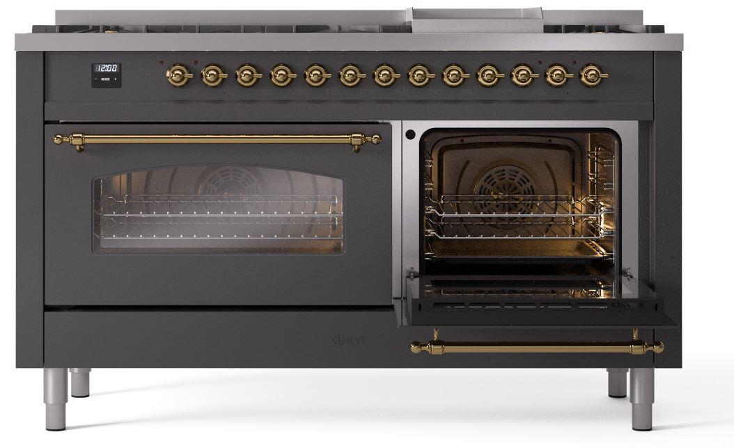 Ilve UP60FNMPMGG Nostalgie Ii 60 Inch Dual Fuel Natural Gas Freestanding Range In Matte Graphite With Brass Trim