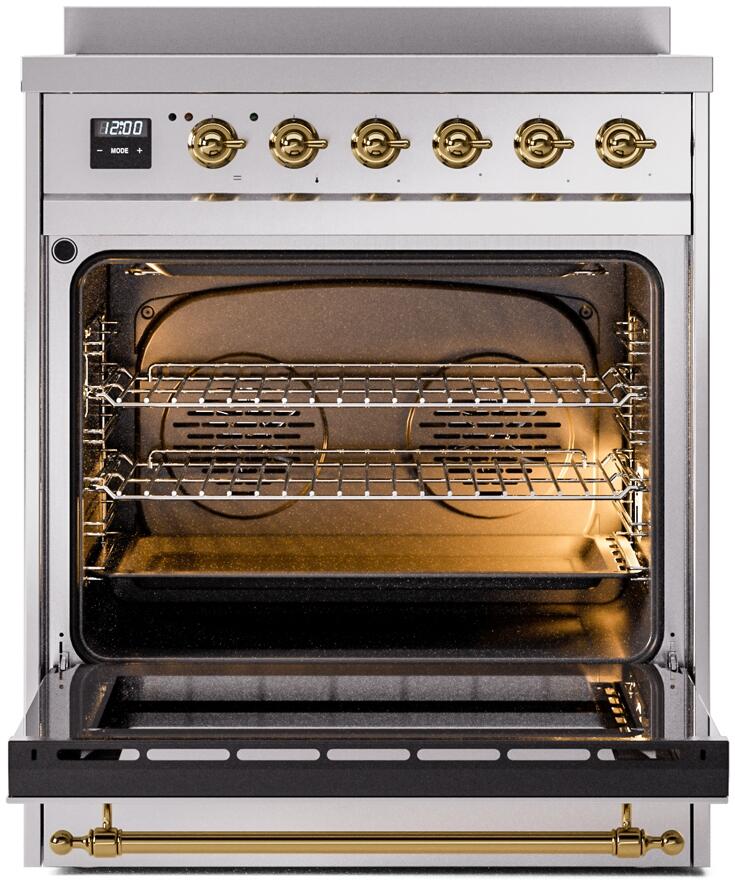 Ilve UPI304NMPSSG Nostalgie Ii 30 Inch Electric Freestanding Range In Stainless Steel With Brass Trim