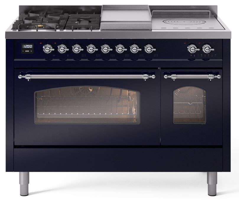 Ilve UP48FSNMPMBC Nostalgie Ii 48 Inch Dual Fuel Natural Gas Freestanding Range In Blue With Chrome Trim