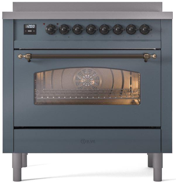 Ilve UPI366NMPBGB Nostalgie Ii 36 Inch Electric Freestanding Range In Blue Grey With Bronze Trim