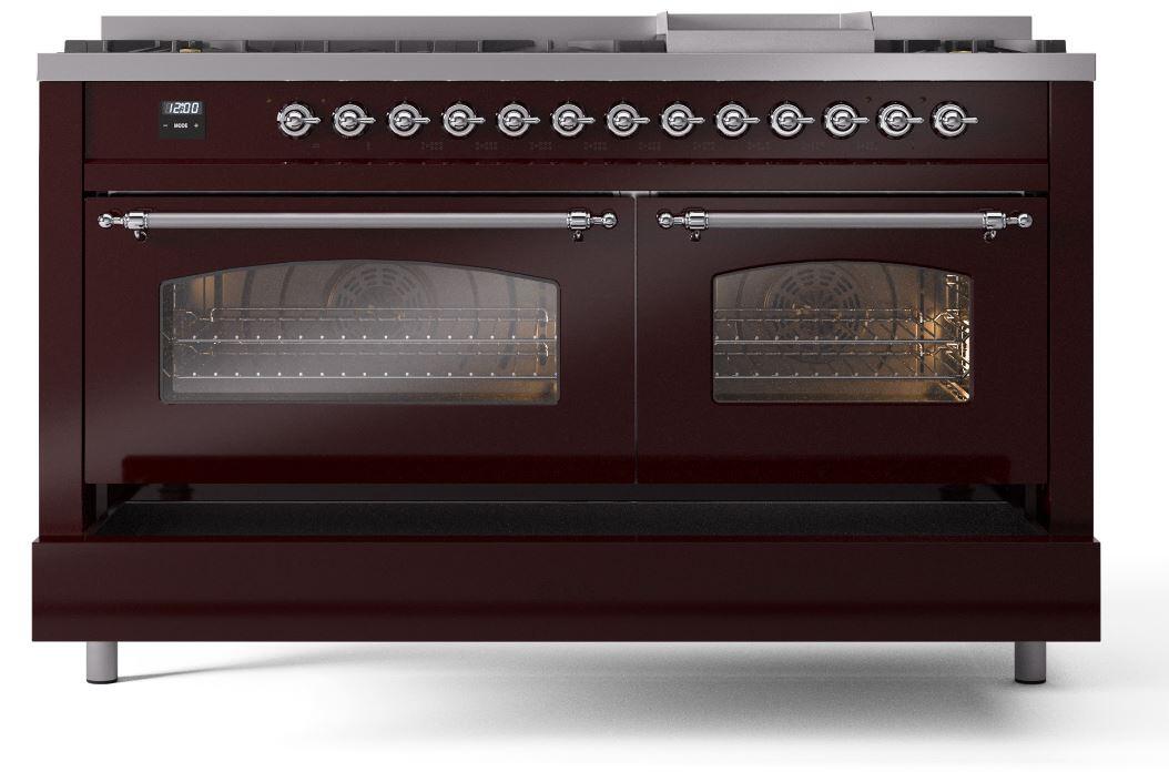 Ilve UP60FNMPBUCLP Nostalgie Ii 60 Inch Dual Fuel Liquid Propane Freestanding Range In Burgundy With Chrome Trim