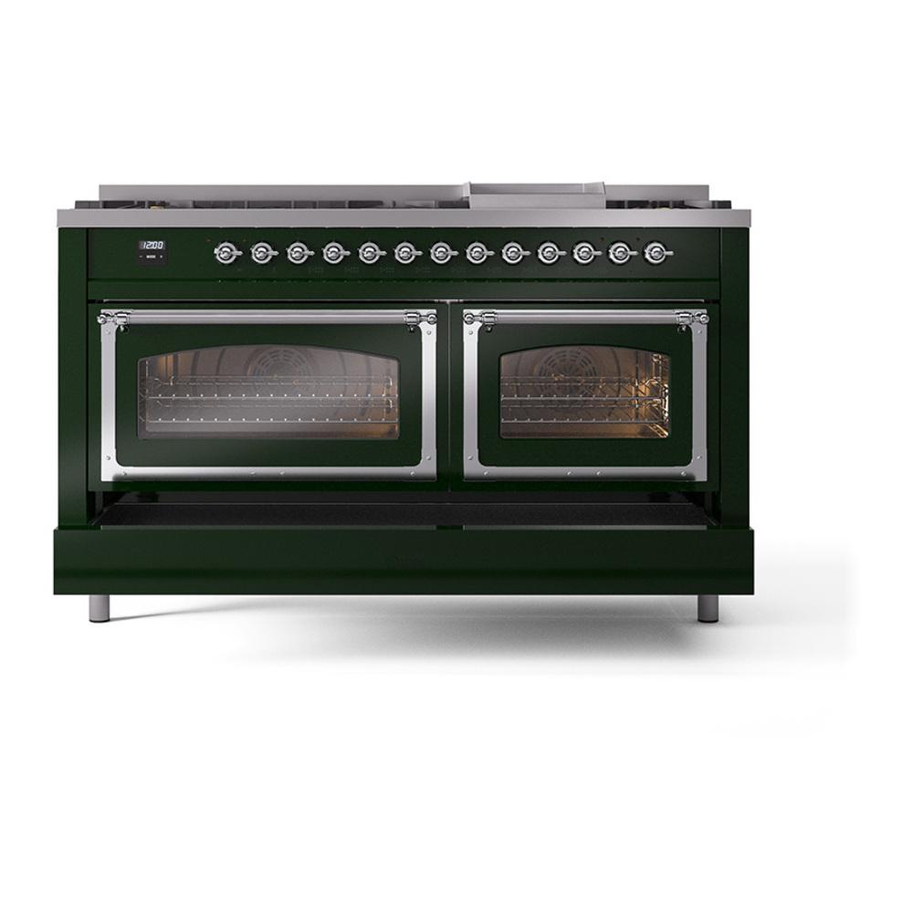 Ilve UN60FNMPEGC Ilve Un60Fnmpegc Nostalgie Ii Noblesse 60" Dual Fuel Range (9 Sealed Burners + Griddle, Natural Gas, Triple Glass Door, Emerald Green, Chrome)