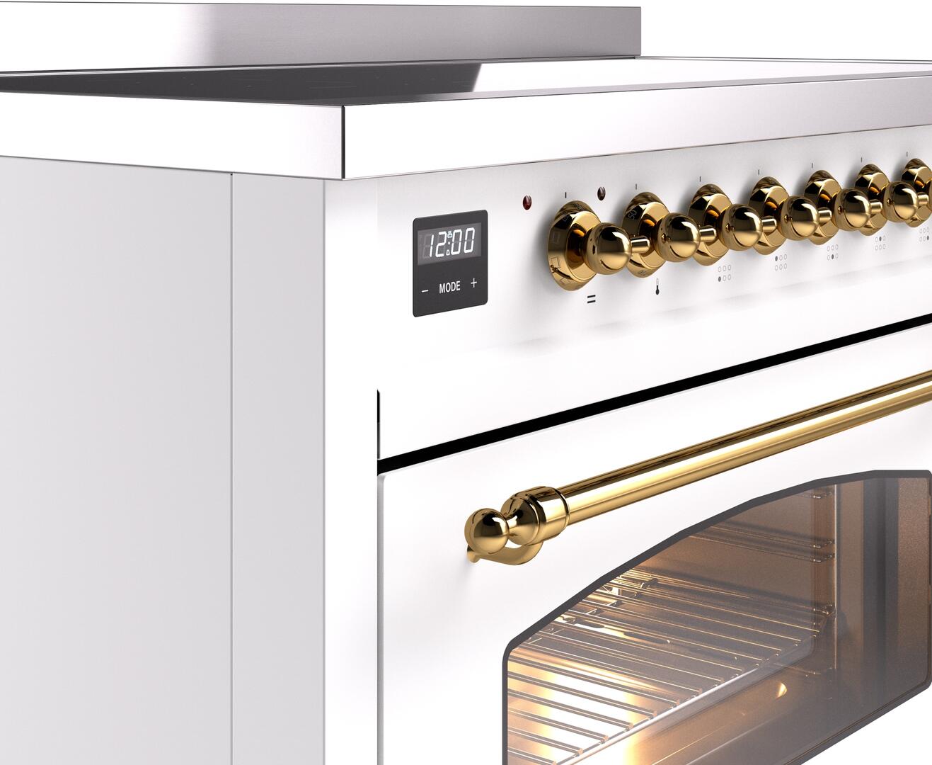 Ilve UPI486NMPWHG Nostalgie Ii 48 Inch Electric Freestanding Range In White With Brass Trim