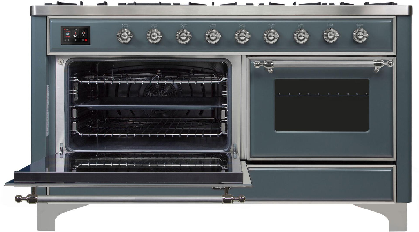 Ilve UM15FDNS3BGC Majestic Ii 60 Inch Dual Fuel Natural Gas Freestanding Range In Blue Grey With Chrome Trim