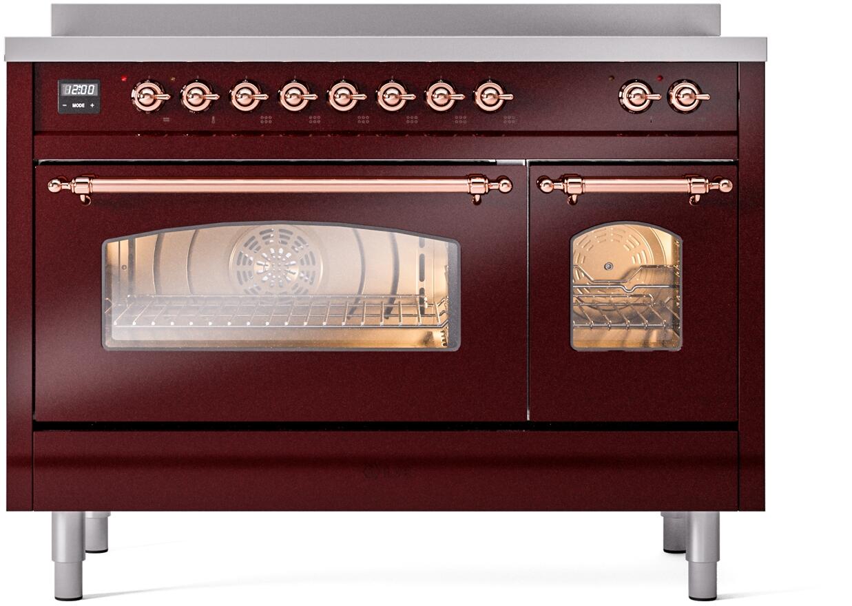 Ilve UPI486NMPBUP Nostalgie Ii 48 Inch Electric Freestanding Range In Burgundy With Copper Trim