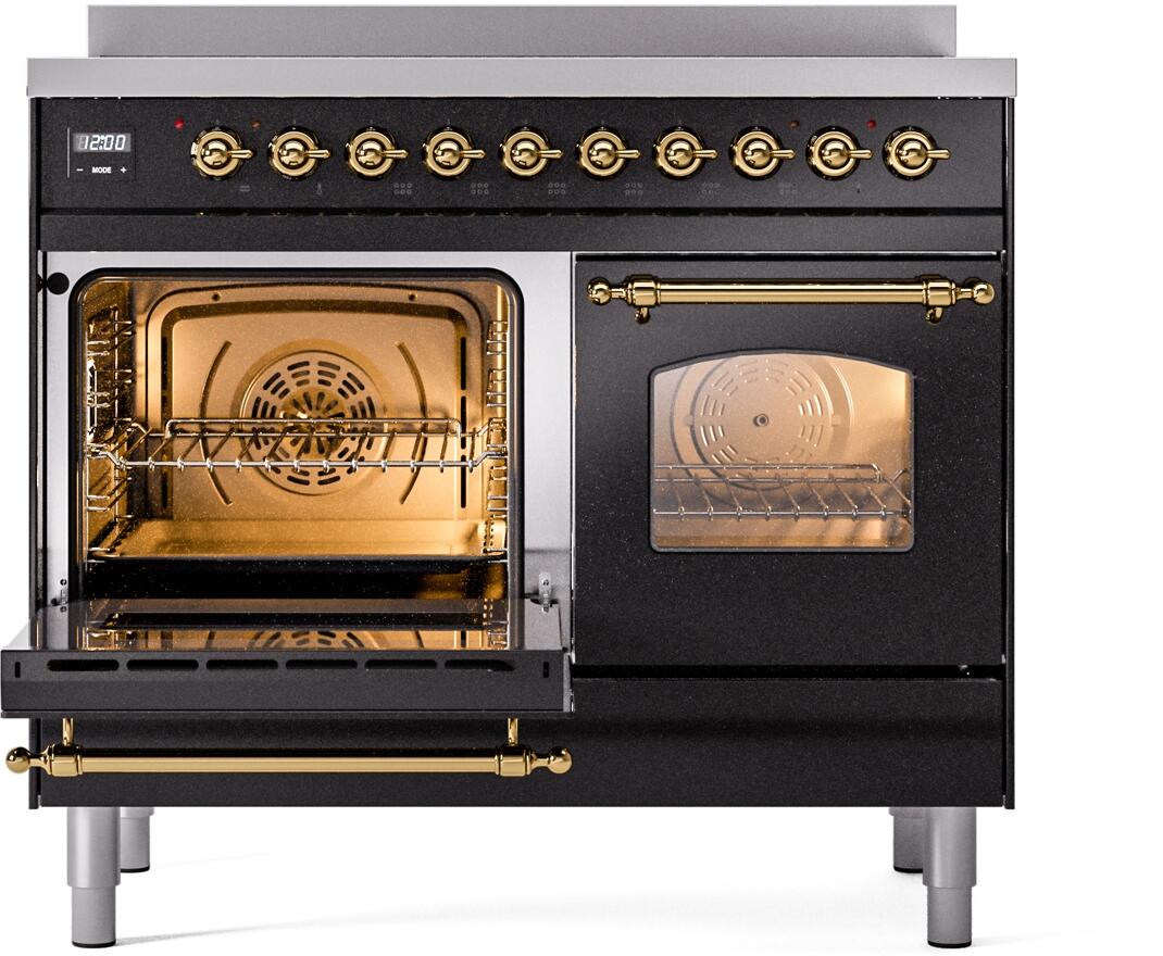 Ilve UPDI406NMPBKG Nostalgie Ii 40 Inch Electric Freestanding Range In Glossy Black With Brass Trim