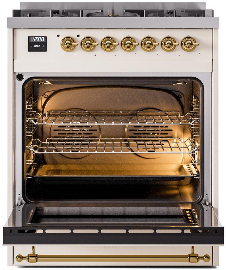 Ilve UP30NMPAWG Nostalgie Ii 30 Inch Dual Fuel Natural Gas Freestanding Range In Antique White With Brass Trim