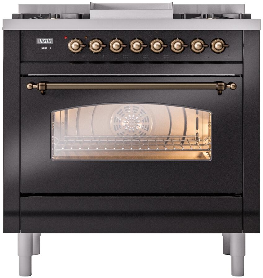 Ilve UP36FNMPBKB Nostalgie Ii 36 Inch Dual Fuel Natural Gas Freestanding Range In Glossy Black With Bronze Trim