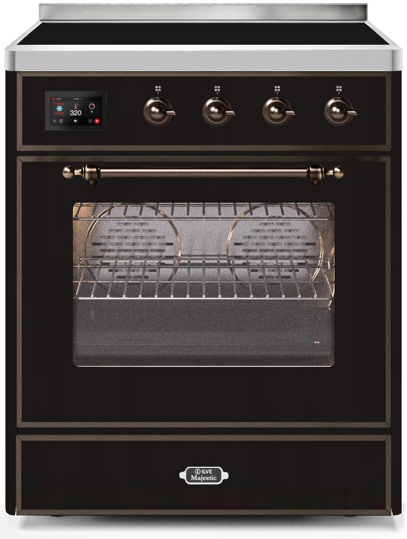 Ilve UMI30NE3BKB Majestic Ii 30 Inch Electric Freestanding Range In Glossy Black With Bronze Trim