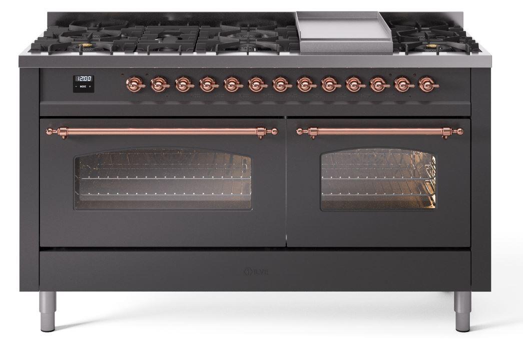 Ilve UP60FNMPMGP Nostalgie Ii 60 Inch Dual Fuel Natural Gas Freestanding Range In Matte Graphite With Copper Trim