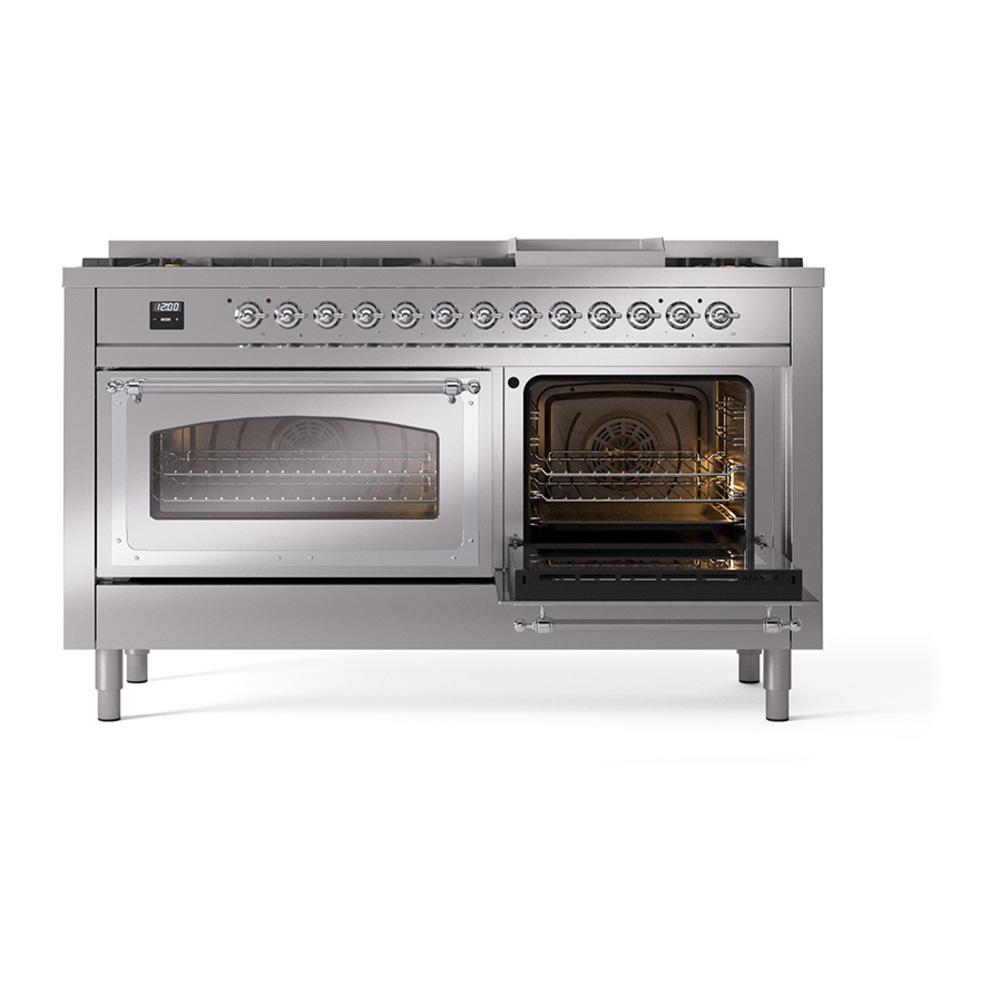 Ilve UN60FNMPSSC Ilve Un60Fnmpssc Nostalgie Ii Noblesse 60" Dual Fuel Range (9 Sealed Burners + Griddle, Natural Gas, Triple Glass Door, Stainless Steel, Chrome)