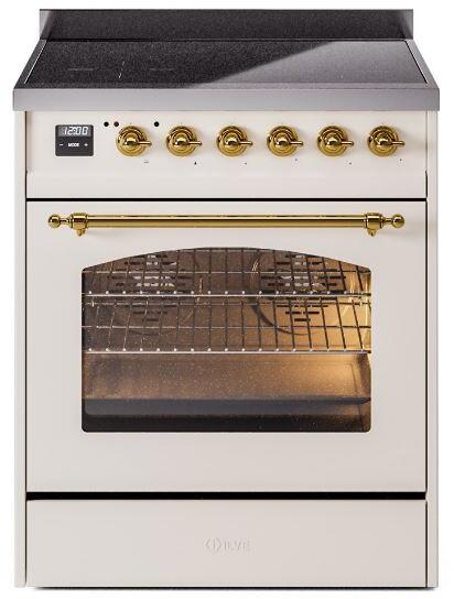 Ilve UPI304NMPAWG Nostalgie Ii 30 Inch Electric Freestanding Range In Antique White With Brass Trim