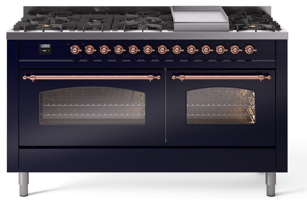 Ilve UP60FNMPMBP Nostalgie Ii 60 Inch Dual Fuel Natural Gas Freestanding Range In Blue With Copper Trim